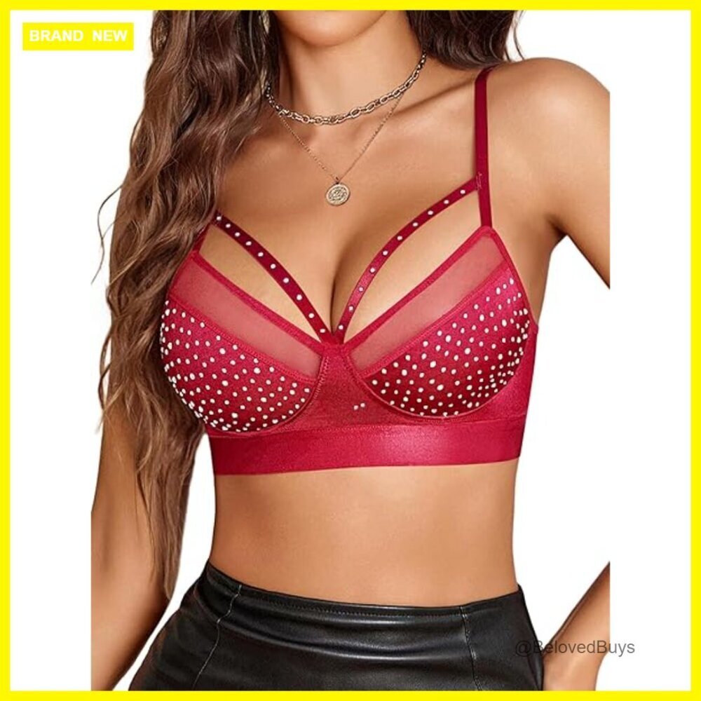 Wireless Lace Bralette Rhinestone Strappy Plunge Bra Light Support